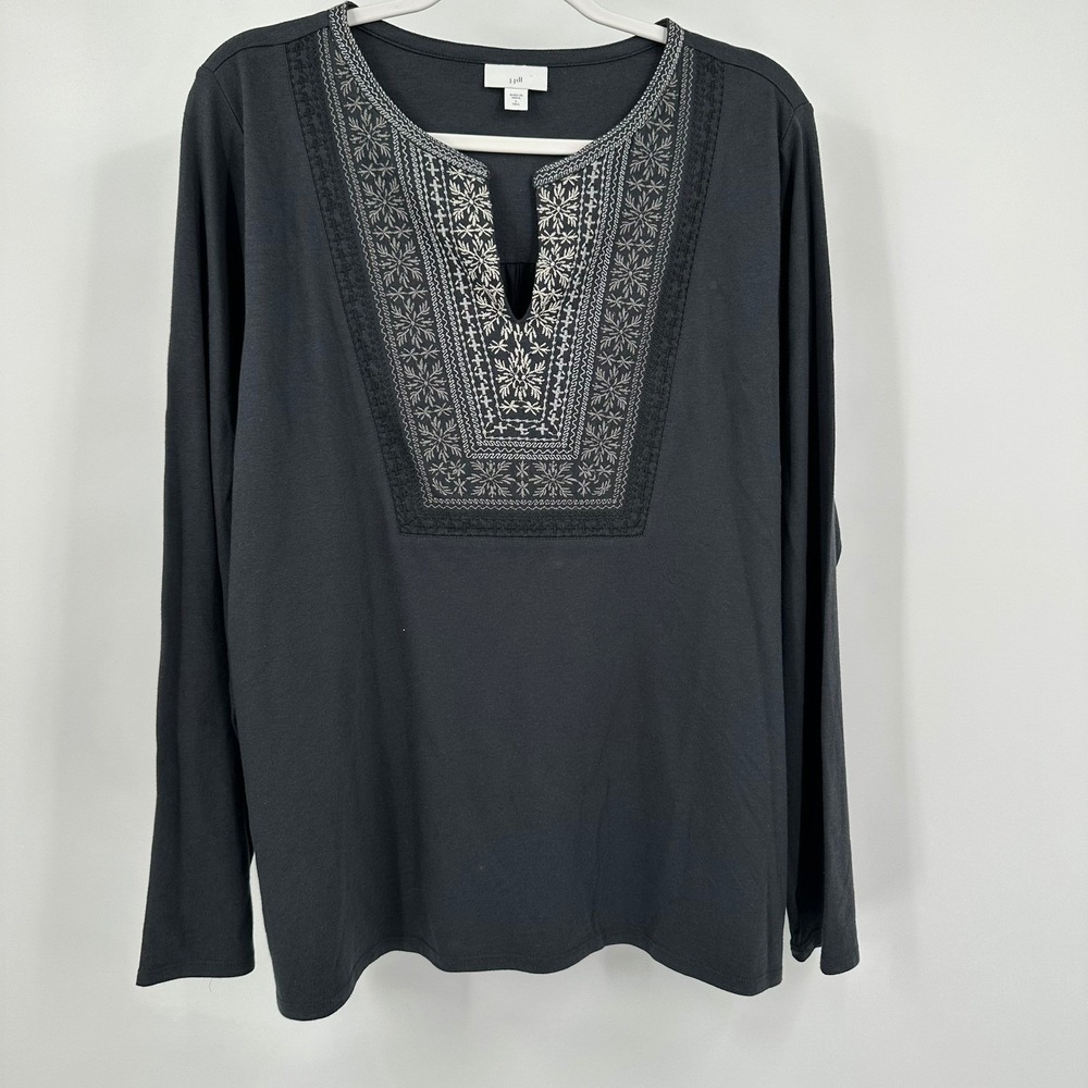 J Jill Womens Boho Peasant Top Size L Tall Embroidered Minimalist Elevated Basic